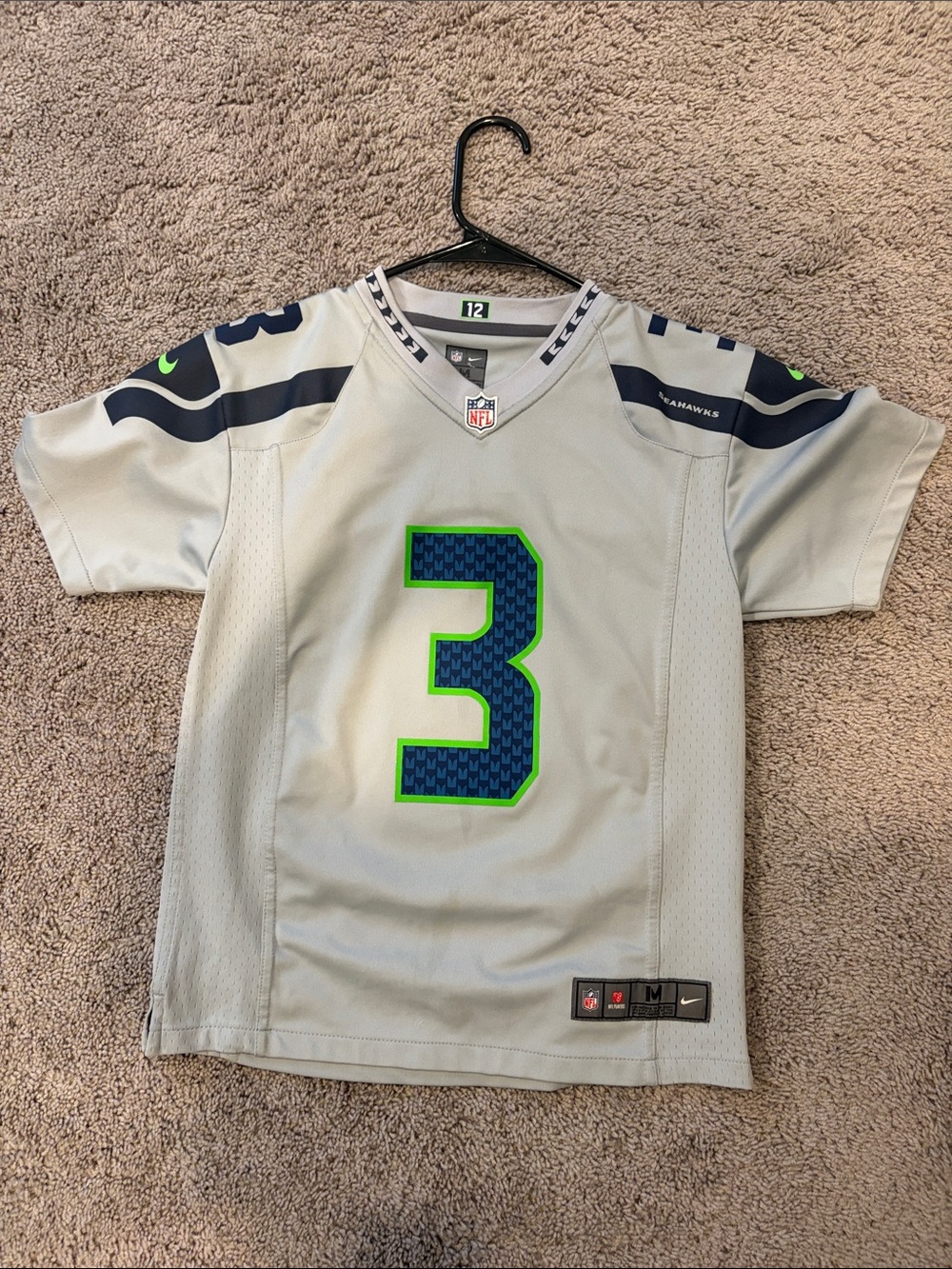 Nike Kids Gray Seahawks #3 Russell Wilson Jersey with Navy and Neon Green